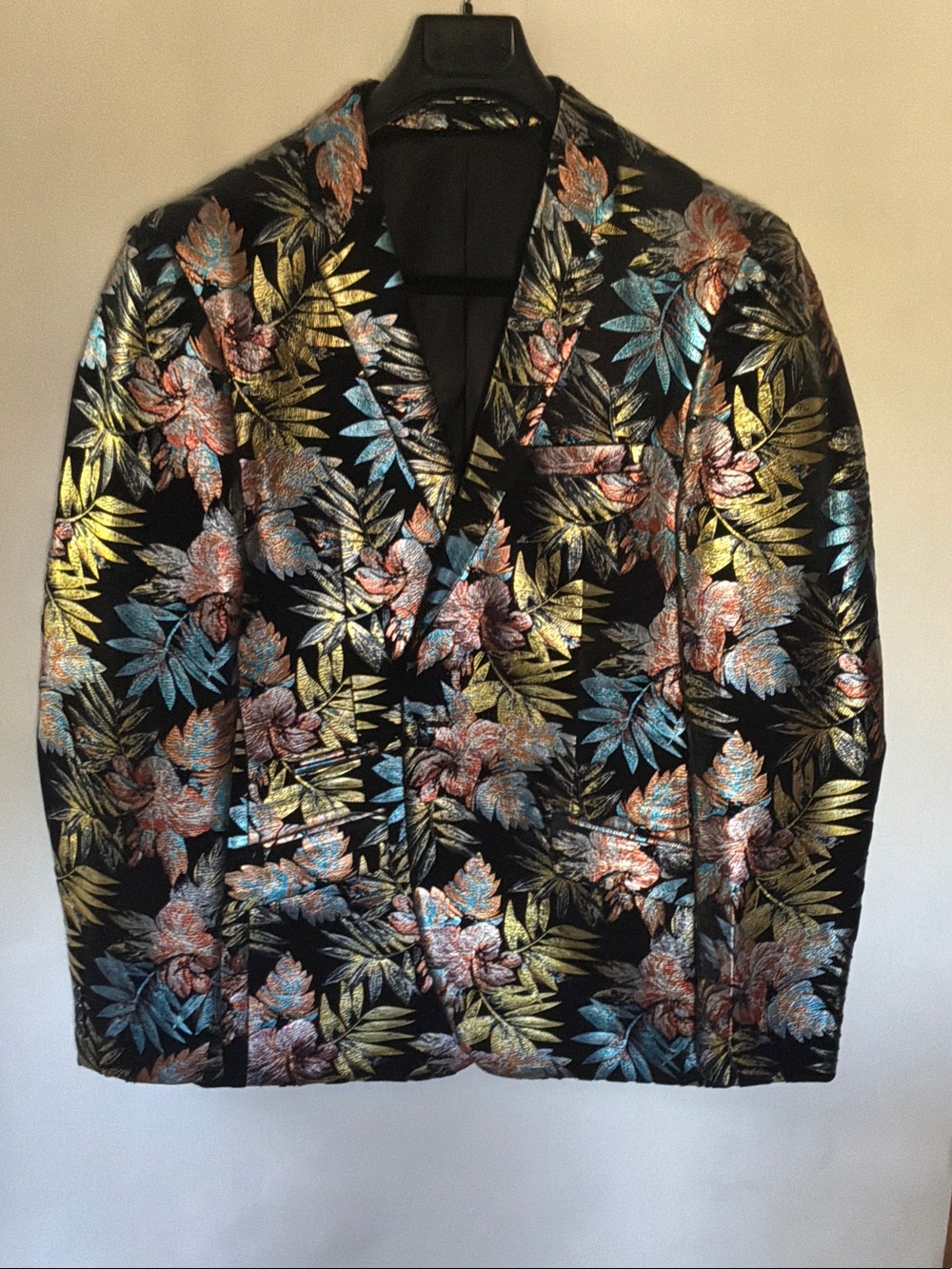 Men's Black Floral Metallic Blazer with Gold & Blue Accents